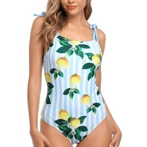 Blue Lemon Stripe Cross-Back One-Piece